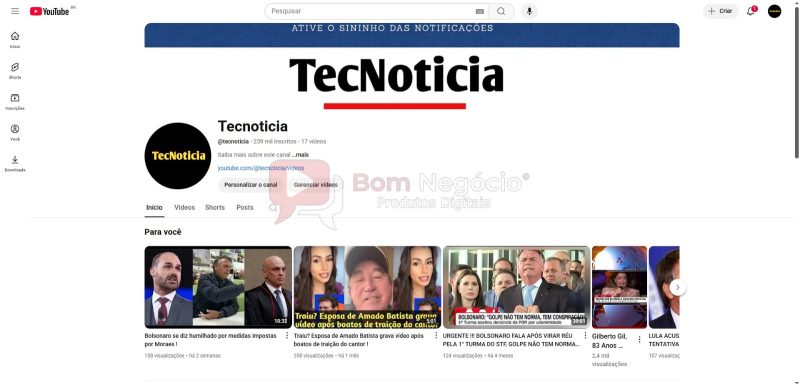 CANAL DO YOUTUBE DE 239K NÃO MONETIZADO - NOTICIAS (COD-344)
