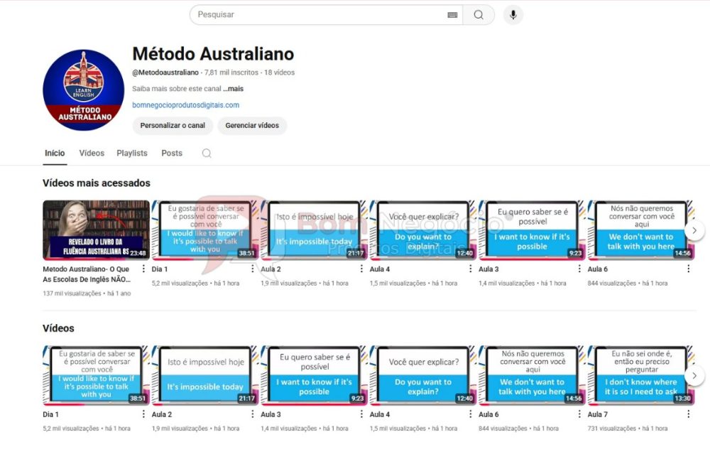 CANAL DO YOUTUBE DE 7K NÃO MONETIZADO - AULAS DE INGLÊS (COD-381)