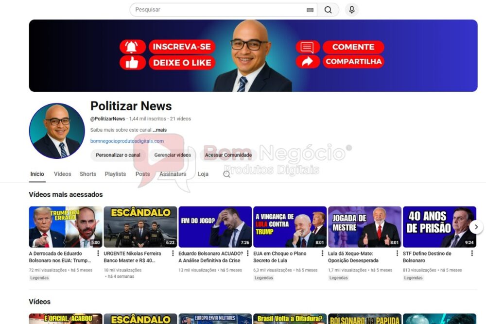 CANAL DO YOUTUBE DE 1K MONETIZADO - POLÍTICA (COD-489)