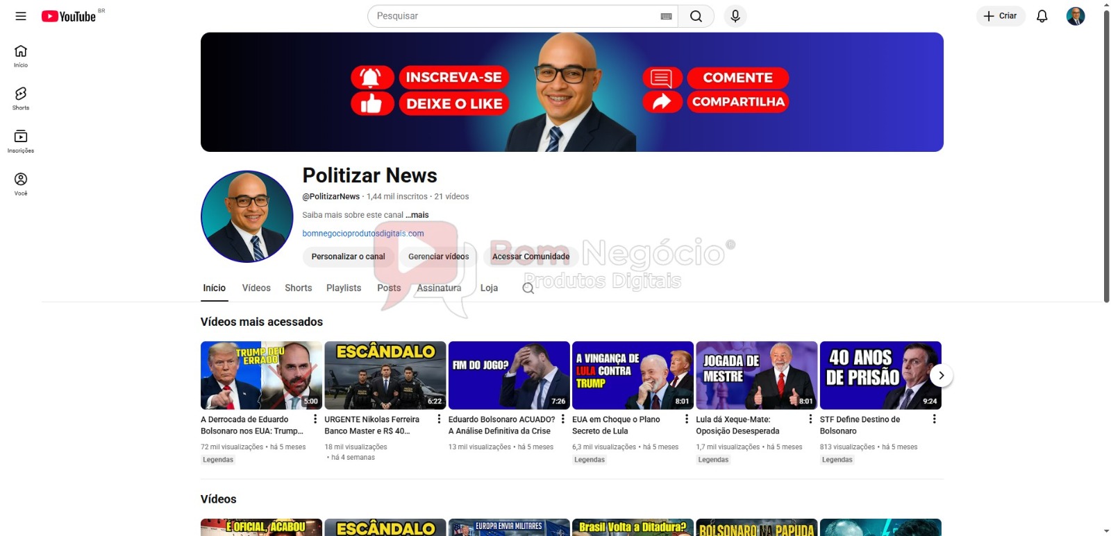 CANAL DO YOUTUBE DE 1K MONETIZADO - POLÍTICA (COD-489)