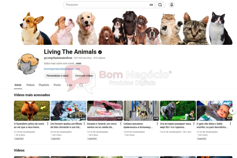 CANAL DO YOUTUBE DE 337K MONETIZADO - ANIMAIS (COD-540)